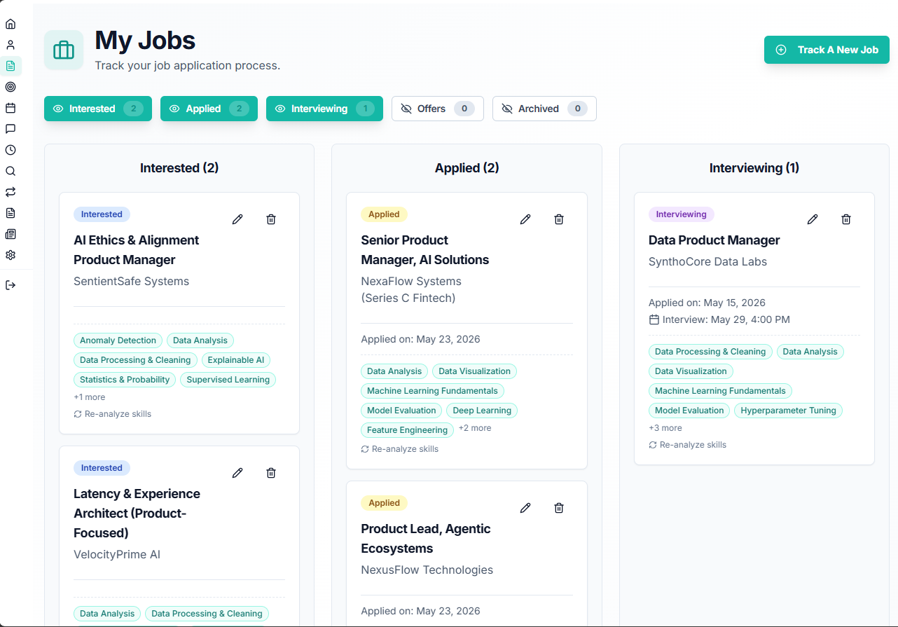 Job Tracker Kanban board with drag-and-drop pipeline and role-linked prep tasks